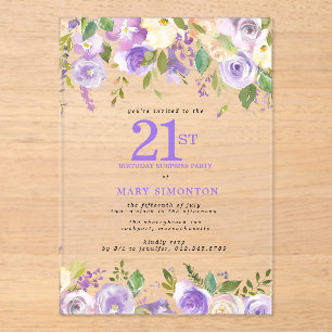 KLARE ACRYLISCHE ÜBERRASCHUNG 21. Geburtstag Lila Acryleinladungen