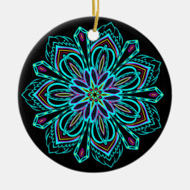 Klare geometrische NeonMandala auf schwarzem Keramik Ornament