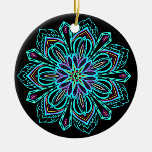 Klare geometrische NeonMandala auf schwarzem Keramik Ornament (Vorne)