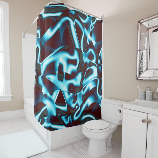 Klare Zyantönen in abstrakten Bändern in dunkelrot Duschvorhang (Beispiel)