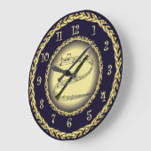 Klarinette ~ Musikalische Scroll ~ Gold/Navy Blue Große Wanduhr (Winkel)