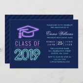 Klasse 2019 | Moderner Cooler Neon Blue Abschluss Einladung (Vorne/Hinten)
