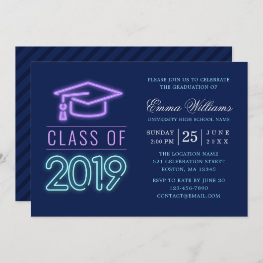 Klasse 2019 | Moderner Cooler Neon Blue Abschluss Einladung (Vorne/Hinten)