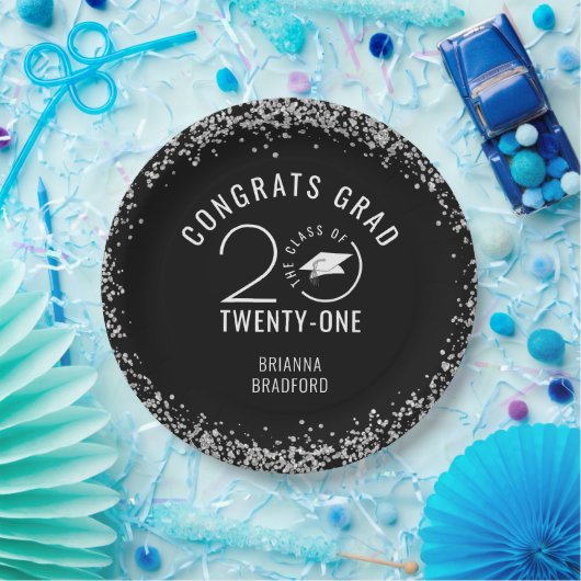 KLASSE 2021 Abschluss Silberner Glitzer Schwarz Pappteller (Party)