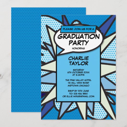 Klasse 2022 Graduation Party Comic Fun Blue Einladung (Vorne/Hinten)