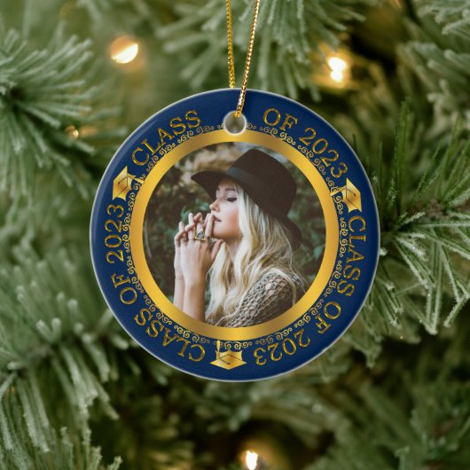 Klasse 2023 Abschluss Foto Dk Blue | Gold Keramik Ornament (Baum)