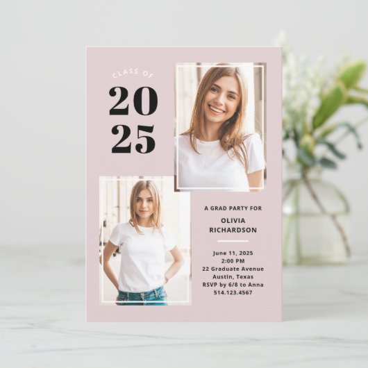 Klasse 2023 | Drei Foto Rosa Grad Party Einladung (Stehend Vorderseite)