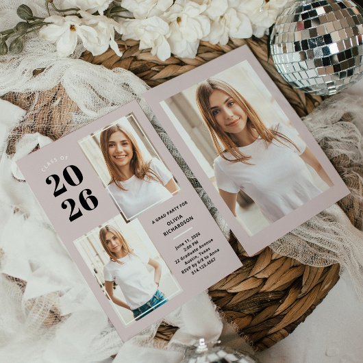 Klasse 2023 | Drei Foto Rosa Grad Party Einladung