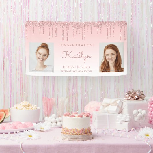 Klasse 2023 Rosa Glitzer Tropfen 2-Foto Abschluss Banner (Party)