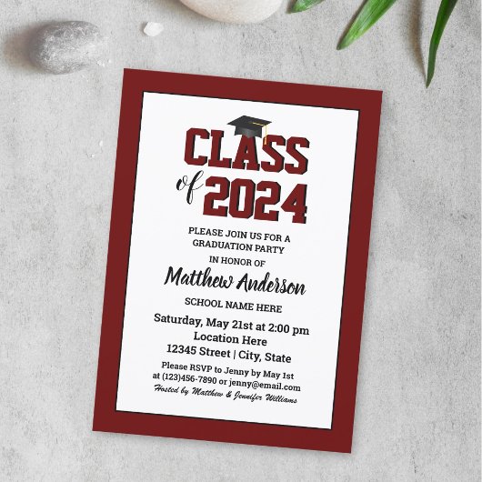 Klasse 2024 Eleganter Burgundy Dark Red Abschluss Einladung
