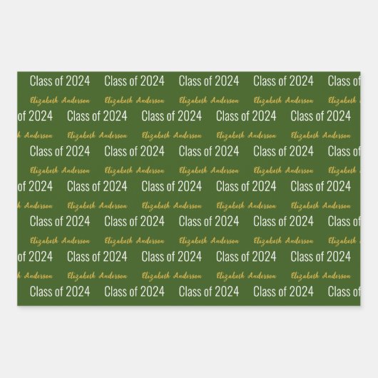 Klasse 2024 Grad Vollständiger Name Grün-Weiß-Gold Geschenkpapier Set (Vorderseite)