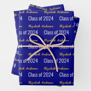 Klasse 2024 Grads Full Name Navy Blue White Gold Geschenkpapier Set