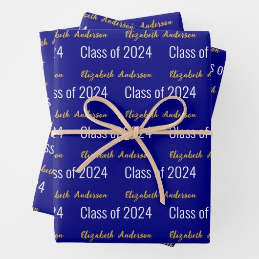 Klasse 2024 Grads Full Name Navy Blue White Gold Geschenkpapier Set (Beispiel)