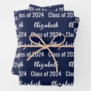 Klasse 2024 Graduate Name Dark Blue and White Geschenkpapier Set