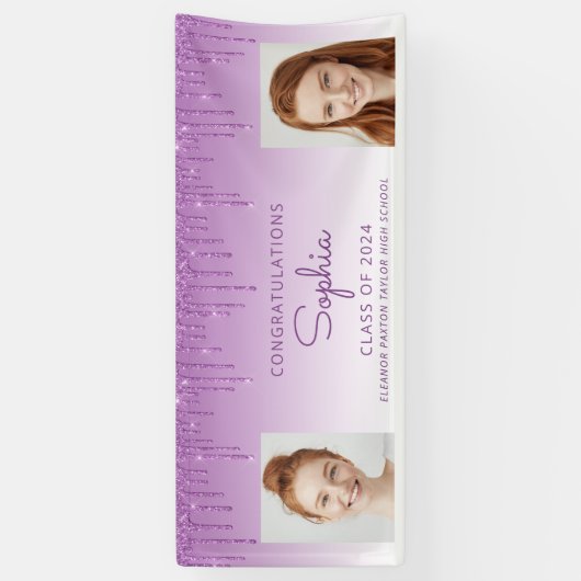 Klasse 2024 Lila Glitzer 2-Foto-Abschluss Banner (Vertikal)