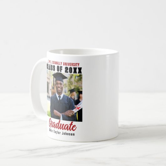 Klasse 2025 Abschluss Foto Red Script Graduate Kaffeetasse (Vorderseite Links)