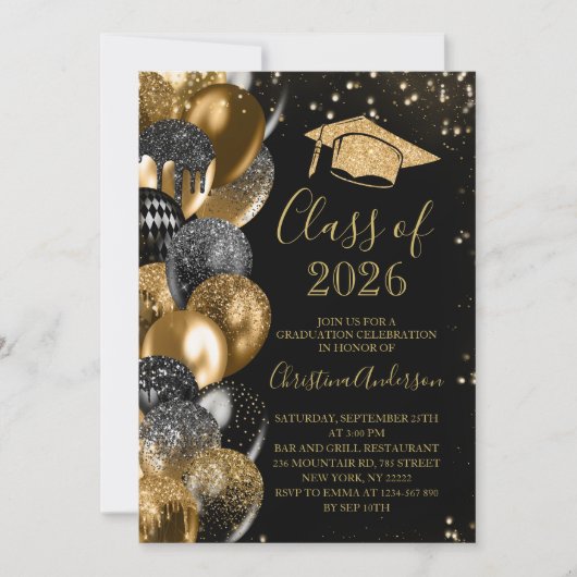 Klasse 2025 Eleganter Gold Glitzer Abschluss Einladung (Vorderseite)