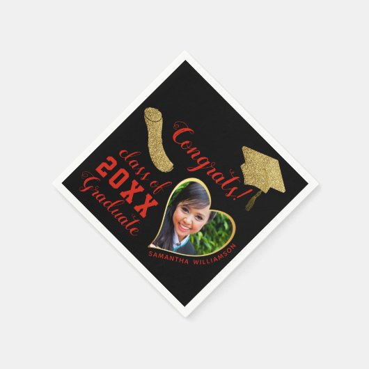 Klasse 2025 Grad Foto Black Red Gold Abschluss Serviette (Ecke)