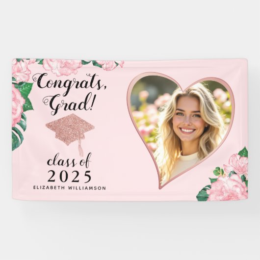 Klasse 2025 Grad Foto Rosa Blütenrosa Abschluss Banner (Horizontal)