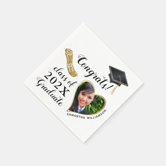 Klasse 2025 Grad Foto White Black Gold Abschluss Serviette (Ecke)