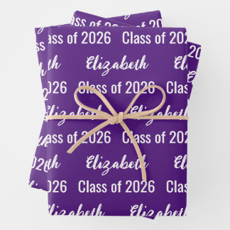 Klasse 2025 Graduate Name Royal Lila und weiß Geschenkpapier Set