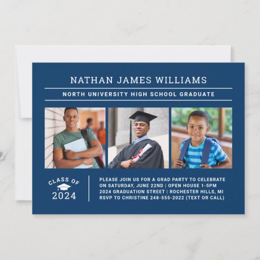 Klasse 2025 Graduate Navy 3 Foto Abschluss Einladung (Vorderseite)