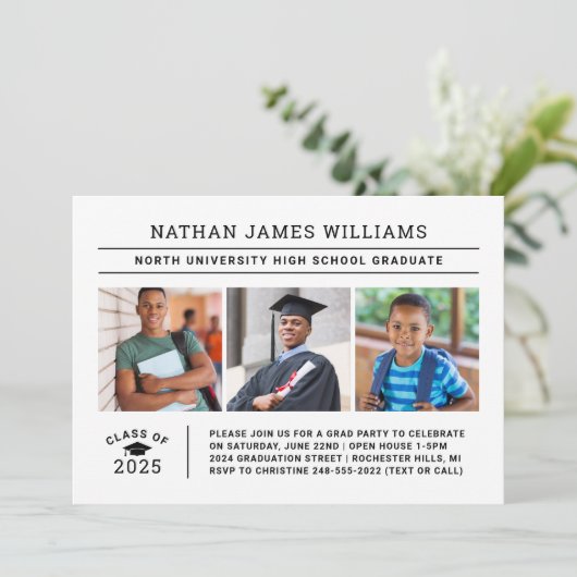 Klasse 2025 Graduate White 3 Foto Abschluss Einladung (Stehend Vorderseite)