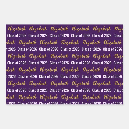 Klasse 2025 Graduate's Name Dk Lila White Gold Geschenkpapier Set (Vorderseite)
