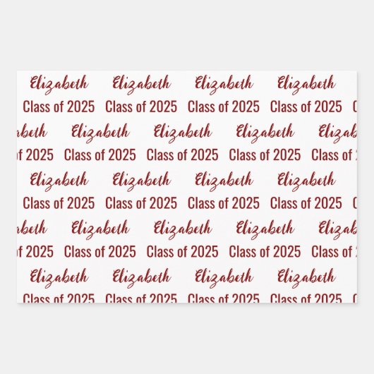 Klasse 2025 Graduate's Name White and Dark Red Geschenkpapier Set (Vorderseite)