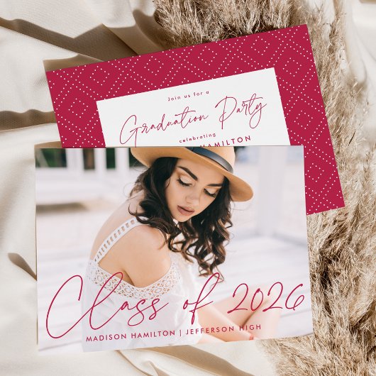 Klasse 2025 Magenta Script Foto Abschluss Einladung