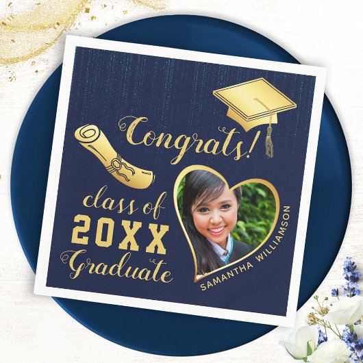 Klasse 2025 Navy Blue and Gold Abschluss Foto Serviette