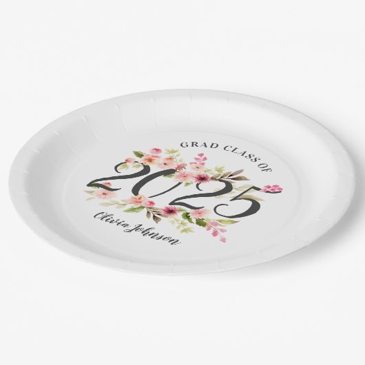 Klasse 2025 Pink Watercolor Blume Abschluss Pappteller (Schrägansicht)