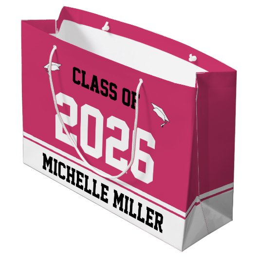 Klasse 2025 und Name auf Magenta & White Template Große Geschenktüte (Rückseite Schrägansicht)