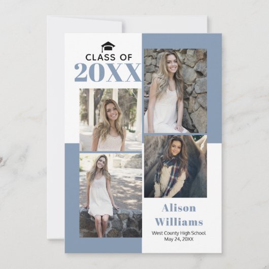 Klasse 2025 vier Fotos staubiger blauer Abschluss Ankündigung (Vorderseite)