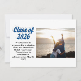 Klasse 2026 Abschlussfoto mit blauem Text Einladung