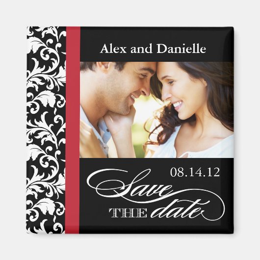 Klasse Damask Save the Date mit rotem Akzent Magnet (Vorne)