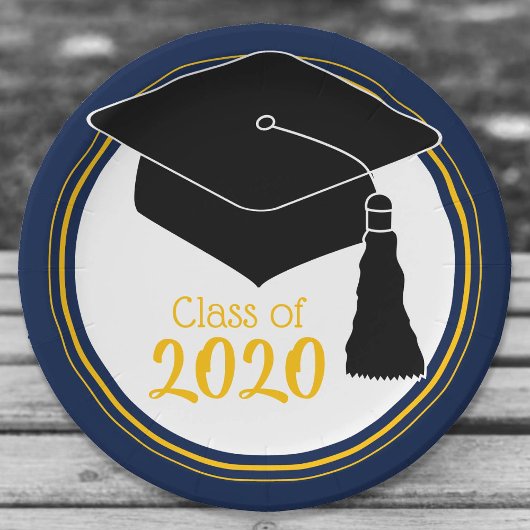 Klasse der 2024 Grad Cap Navy und Gold Pappteller