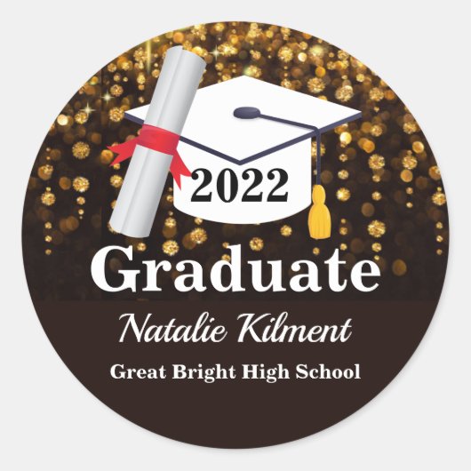 Klasse der Black and Gold Graduation Cap 2022 Runder Aufkleber (Vorderseite)