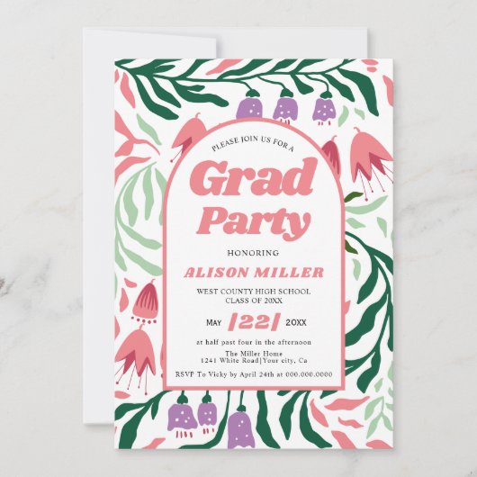 Klasse der Boho-Boho-arch-Retro-Blume 2025 Abschlu Einladung (Vorderseite)