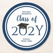 Klasse der Elegant Navy Blue Graduation Party 2021 Runder Pappuntersetzer (Vorderseite)