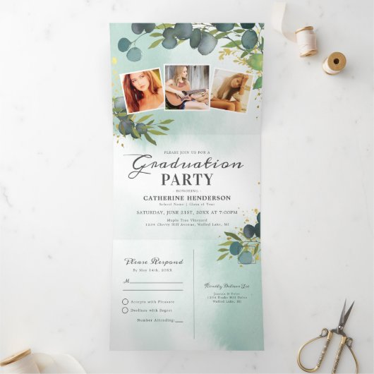 Klasse der Eukalyptus-Graduationspartei 2025 Dreifach Gefaltete Einladung (Innenseite)