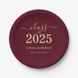 Klasse der Gold Burgundy Graduation Party 2025 Pappteller