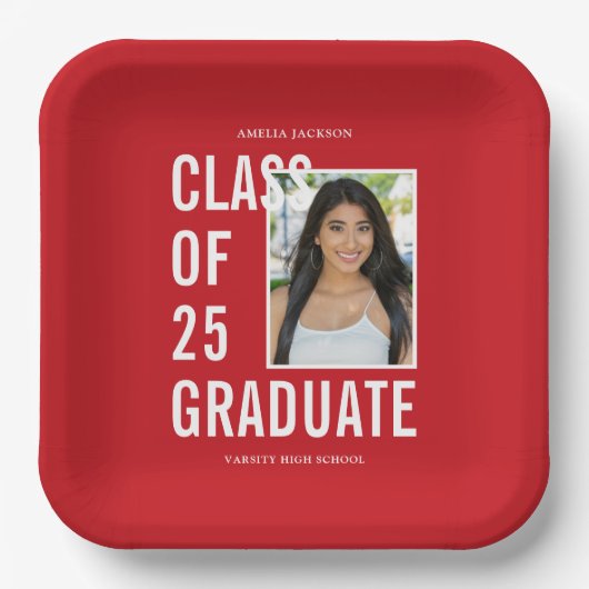 Klasse der Graduationspartei "Rotes und Weißes Fot Pappteller (Vorderseite)