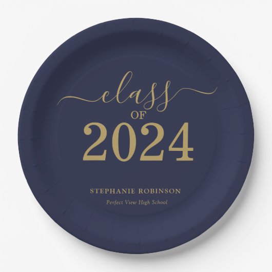 Klasse der Navy Blue Gold Graduation Party 2024 Pappteller (Vorderseite)
