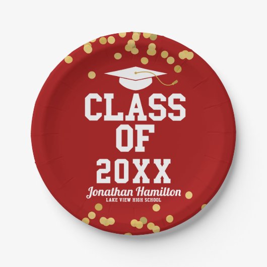 Klasse der Red Gold Confetti Graduation Party 2021 Pappteller (Vorderseite)