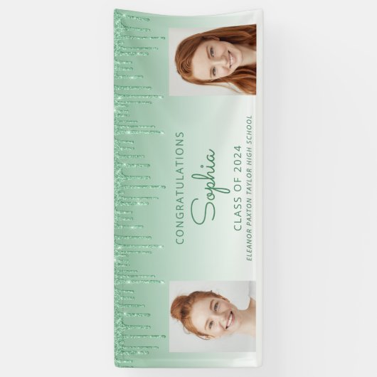 Klasse des 2024 Green Glitzer 2-Foto-Abschlusses Banner (Vertikal)