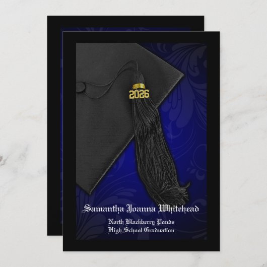 Klasse des Blue Tassel Charm Black Abschluss 2025 Einladung (Vorne/Hinten)