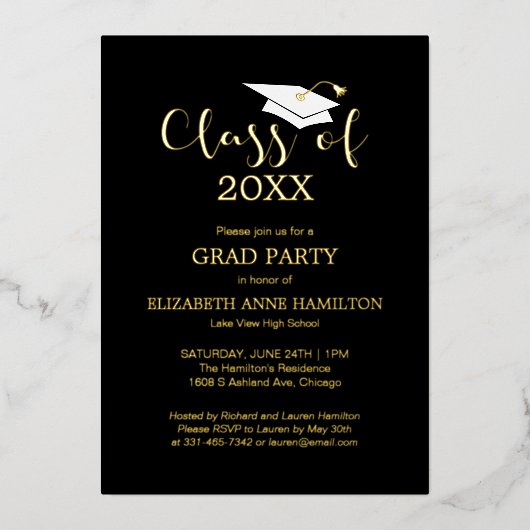 Klasse des Grades Party Black Gold der High School Folieneinladung (Vorderseite)