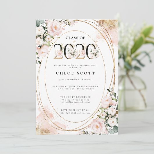 Klasse des rosa-rosa-goldenen Abschlusses 2020 Einladung (Stehend Vorderseite)