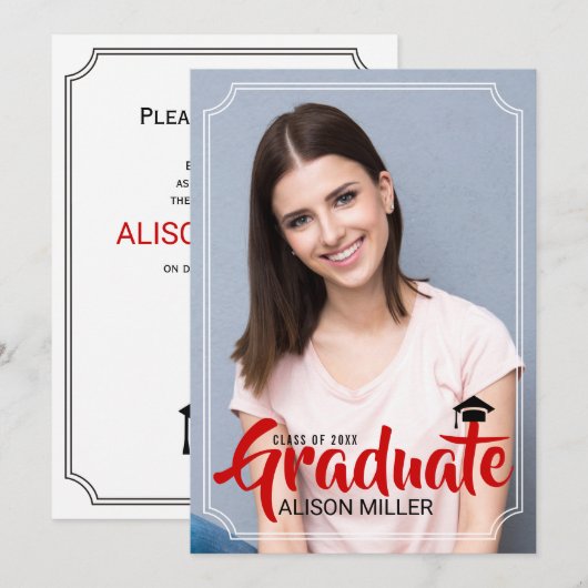 Klasse des roten Typografie-Fotos mit Hochschulabs Einladung (Vorne/Hinten)